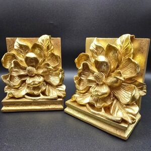 Vintage 1995 CBK Ltd Gold Magnolia Flower Bookends Resin Floral Decor Set of 2